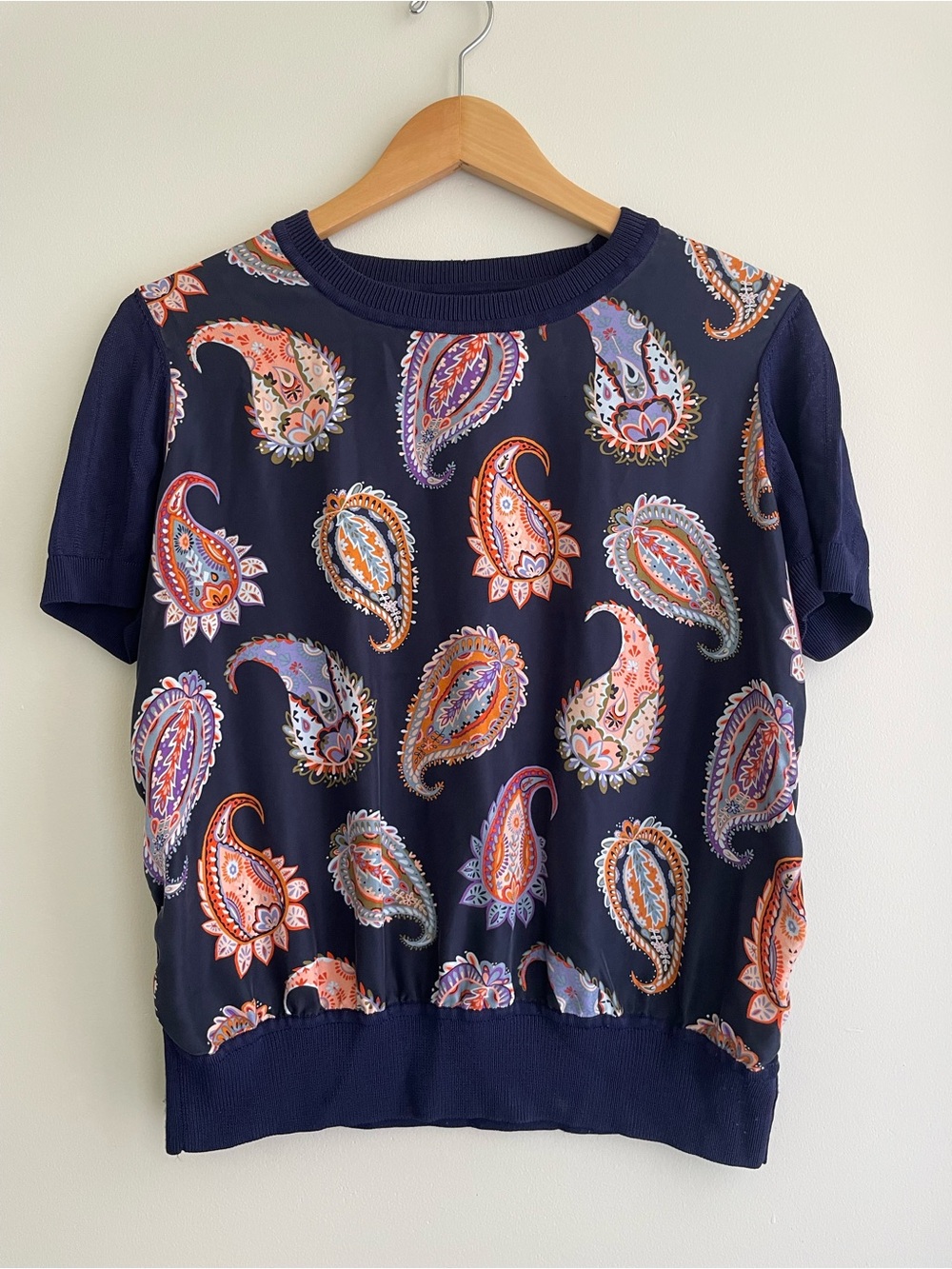 Tory Burch Silk Navy Short Sleeve Paisley Print Blouse
